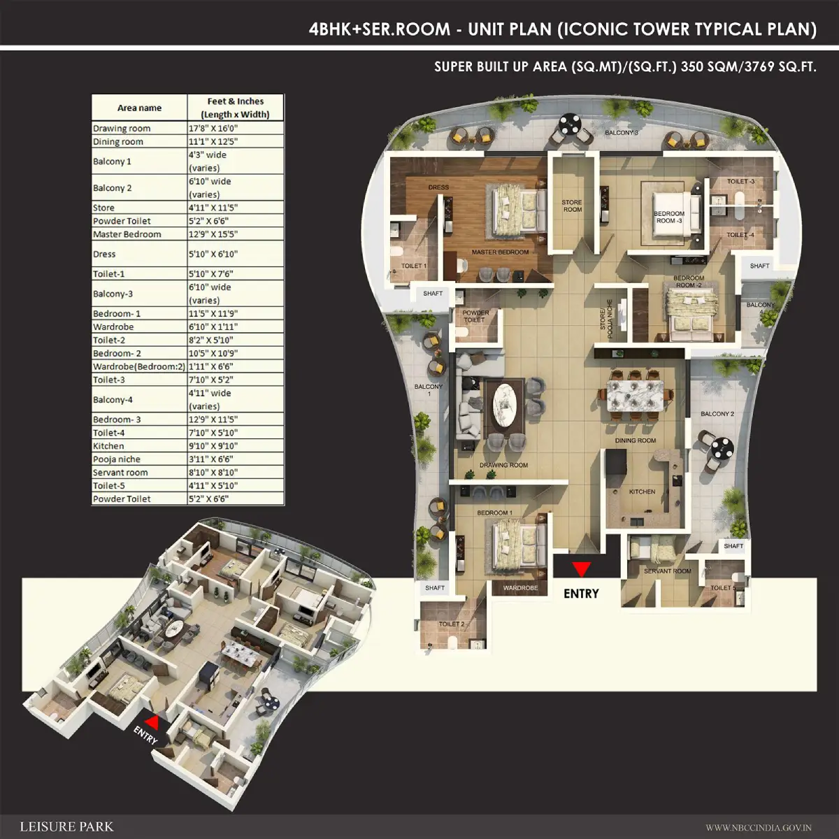 4 BHK + Servant ( Iconic Tower) Layout