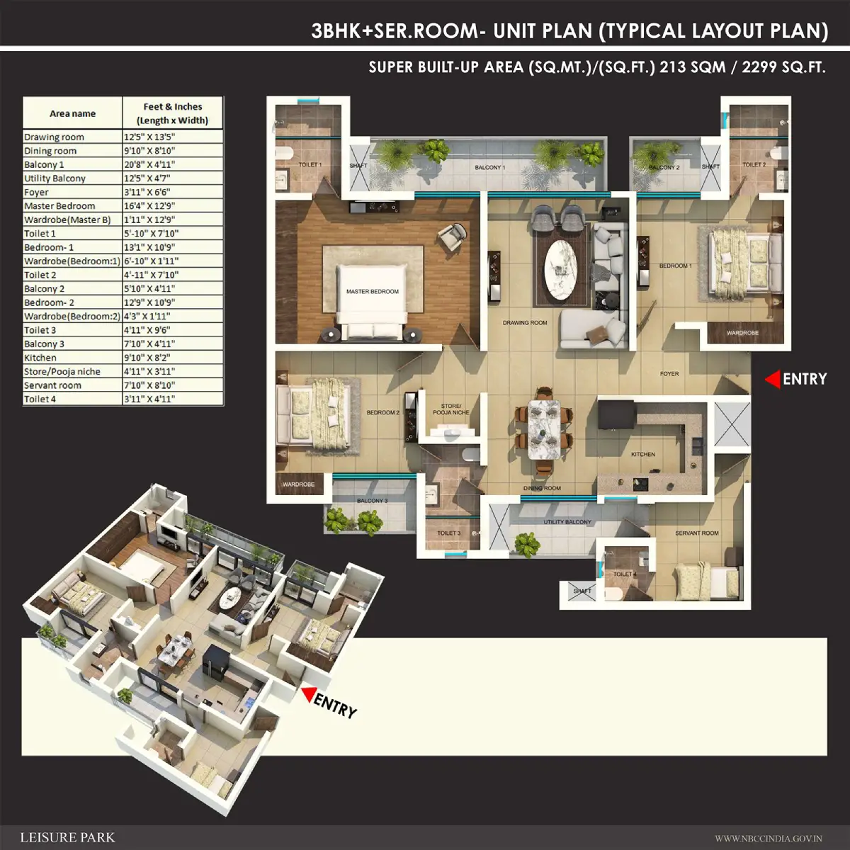 3 BHK + Servant Layout